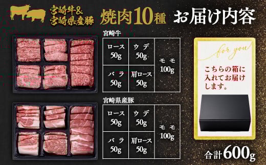 【1月発送】宮崎牛＆宮崎県産豚肉 焼肉10種盛り 食べ比べセット計600g 宮崎牛 A4～A5等級 国産牛 豚肉  ブランド牛 ミヤチク 内閣総理大臣賞4連覇＜1.4-39＞●