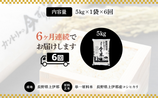 米 定期便 コシヒカリ 5kg 6回 長野 上伊那産 お米 長野県産 こしひかり 5キロ 白米 精米 信州産 特産 産地直送 おすすめ こめ コメ おこめ 送料無料 長野県 箕輪町 定期 6ヶ月　[№5675-1446]