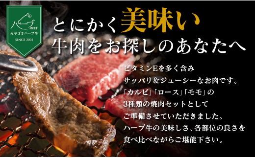 ＜宮崎ハーブ牛＞合計600g（3種類の焼肉セット）※90日以内出荷【B364】