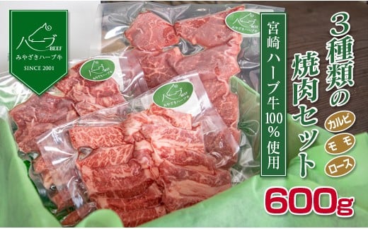 ＜宮崎ハーブ牛＞合計600g（3種類の焼肉セット）※90日以内出荷【B364】