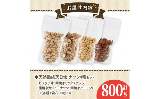 天然熟成天日塩 ナッツ4種セット(200g×4袋・合計800g)ナッツ ピスタチオ カシューナッツ ミックスナッツ アーモンド 素焼きナッツ おつまみ おやつ 晩酌 常温 常温保存【ksg0085-E】【南国フルーツ】