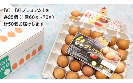 【 お中元 】 紅プレミアム 卵 と 紅たまご 食べ比べ セット 50個 （ 各 20個 入り ＋ 割れ保障 各 5個 ） 熨斗付き 御中元  独自飼料 濃厚 おいしい玉子 玉子 たまご サンサンエッグタンパク質 