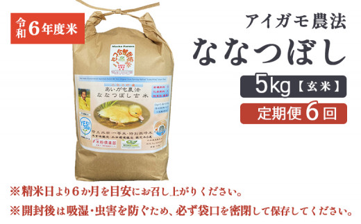 【6回定期便】合鴨農法ななつぼし 【玄米】【有機肥料/無農薬・無化学肥料･備蓄用】 令和６年度米 5kg(1kg×5袋)　水田環