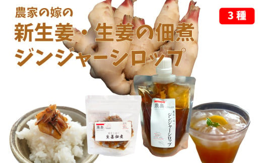 【新生姜1kg・佃煮1袋・シロップ1個】農家の嫁の生姜佃煮1袋70g ジンジャーシロップ200ml クラフトジンジャー 掘りたて 土付き 新ショウガ 1kg ごはんのお供　＜新生姜収穫後11月後半頃から12月中旬頃発送＞（C）