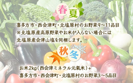 《定期便》＜3市町村共通返礼品＞会津の恵み野菜セット(小)《全3回》 朝採れ 野菜 お米 精米 米 セット 詰合せ 契約農家 朝採り 採れたて 新鮮 会津野菜 定期便 3回 3ヶ月 連続 F4D-1411