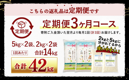 【3回定期便】筑後平野のふくよか米 無洗米 14kg(5kg×2袋、2kg×2袋) 合計42kg