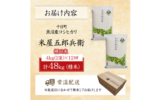 ＜新米発送＞【定期便/全12回】十日町産魚沼コシヒカリ 米屋五郎兵衛 棚田米 精米2kg 2袋セット