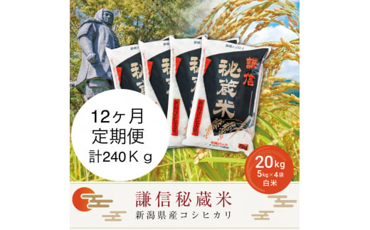 定期便12ヶ月連続発送（20kg×12回分）20kg 米 新潟県産 コシヒカリ  精白米 謙信秘蔵米  お米  こめ コメ おこめ おすすめ こしひかり 新潟 にいがた 新潟米 上越 上越産 上越米 ふるさと納税 定期便 上杉謙信 人気