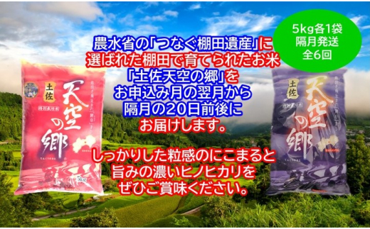 農林水産省の「つなぐ棚田遺産」に選ばれた棚田で育てられた 棚田米 土佐天空の郷　5kg食べくらべセット定期便　隔月お届け　全6回