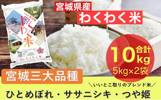 宮城県産三大銘柄いいとこ取りブレンド米 わくわく米 5kg×2袋入 計10kg ｜ お米 精米 白米 ひとめぼれ ササニシキ つや姫 宮城県産 三大銘柄