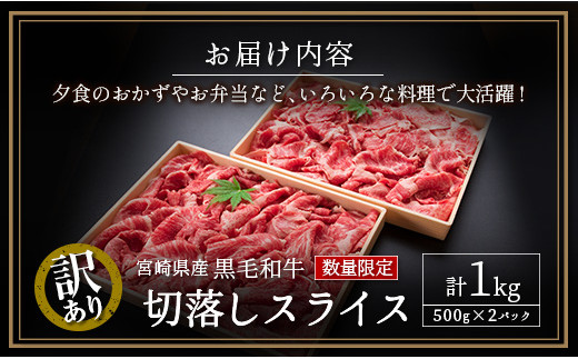 ［訳あり・数量限定］宮崎県産黒毛和牛 切落しスライス（500g×2パック）合計1kg【B491】