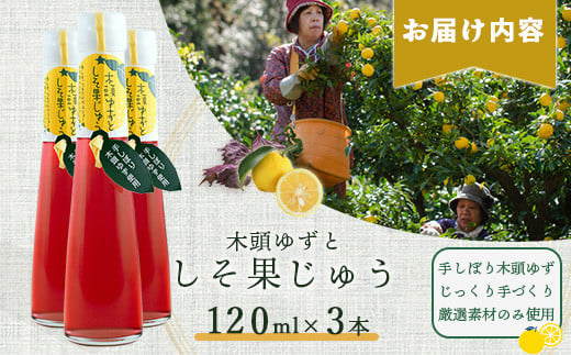 手しぼり木頭ゆず使用 木頭ゆずとしそ果じゅう 120ml 3本【徳島 那賀 木頭柚子 ゆず ユズ 柚子 赤しそ 赤紫蘇 シソ 果汁 ジュース かき氷 シャーベット シロップ 水割り お湯割り 炭酸割り 手作り 無添加 国産 国内製造 生産者直送】YA-49