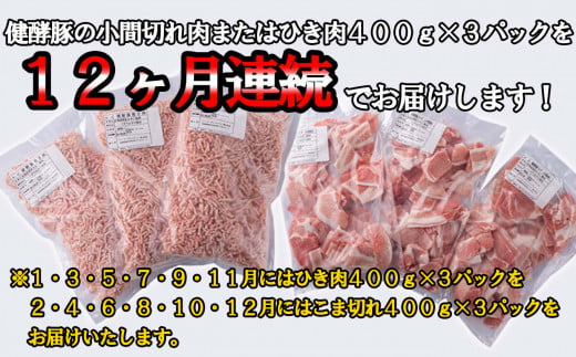 ＜ 定期便12回 ＞ 北海道産 健酵豚 小間切れ ＆ ひき肉 計 1.2kg  ( 400g × 3パック ) 全14.4kg 定期便 豚肉 ブランドポーク 大容量 小分け こま切れ 挽肉