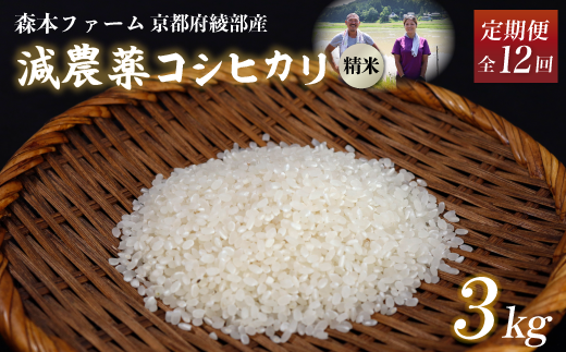 【定期便12回】【令和6年産】新米 減農薬コシヒカリ 精米 3kg 毎月お届け 12ヶ月【 定期便 米 コシヒカリ こしひかり 3キロ 3kg 精米 白米 こめ コメ お米 おこめ 農家直送 減農薬 低農薬 綾部 京都 森本ファーム 】