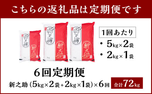 【新米受付・令和6年産米】【定期便：6ヶ月連続でお届け】 村上市産 新之助 72kg （12kg×6ヶ月）コース