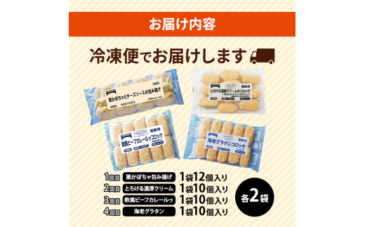 4回お届け定期便 北海道 コロッケ 包み揚げ ＆ マイスターデリ シリーズ 計4種 計84個 栗かぼちゃとチーズソース & とろける濃厚クリーム & 欧風ビーフカレールゥ & 海老グラタン 冷凍 惣菜 弁当 おかず 揚げ物 セット グルメ 大容量