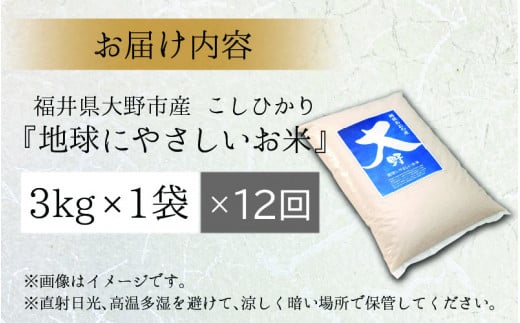 【令和6年産 新米】【12ヶ月定期便】こしひかり 3kg × 12回 計 36kg【白米】減農薬・減化学肥料「特別栽培米」－地球にやさしいお米－