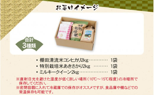  【令和6年産 新米】名水の里越前大野の「お米食べ比べセット」コシヒカリ・あきさかり・ミルキークイーン 各2kg×1袋