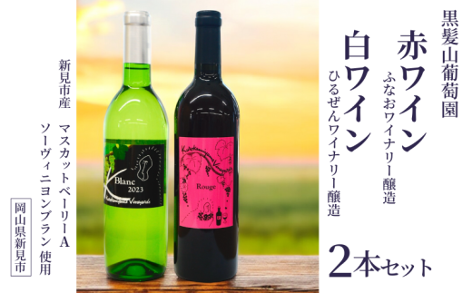 新見産ぶどうを使った赤ワイン（750ml）白ワイン（720ml）をお送りします