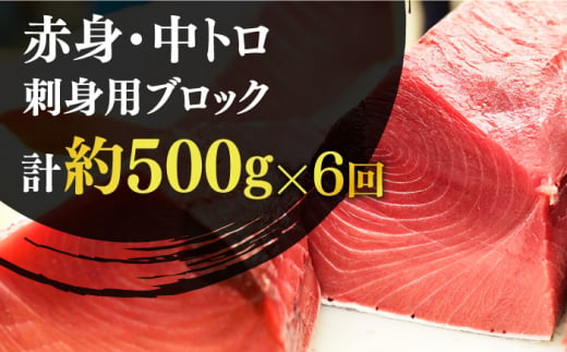 【全6回定期便】五島列島産 養殖 生本かみマグロ 赤身 中トロ 計約500g / まぐろ 鮪 刺身 ブロック