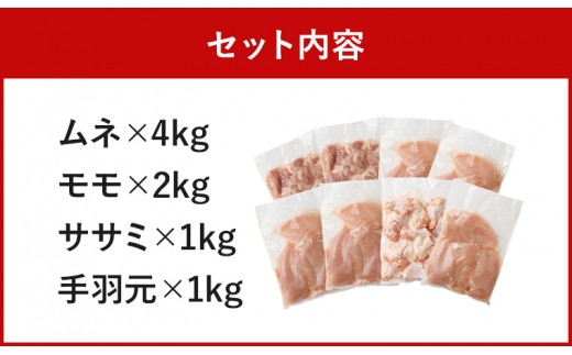 ［宮崎県産若鶏］モモ・ムネ・手羽元・ササミ 合計8kg ※90日以内に出荷【B251】