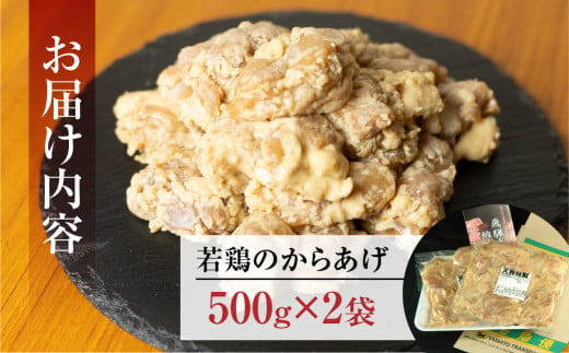 若鶏の唐揚げ用（揚げるだけ）500g（約2～3人前）×2袋 （1kg）【冷凍】鶏肉 からあげ から揚げ 味付き 天狗