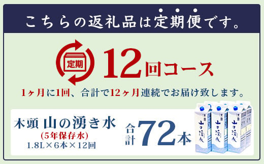 【定期便12回】《5年保存水》山の湧水(天然ミネラルウォーター)1.8L×6本×12回 計72本【徳島県 那賀町 国産 天然水 水 ミネラルウォーター わき水 湧き水 1800ml 飲料水 備蓄 備蓄水 非常用 防災 災害 支援 紙パック 長期保存 防災グッズ 災害対策】KM-9