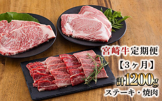 宮崎牛定期便[3ヶ月]ステーキ・焼肉 合計1200g 　　黒毛和牛のステーキや焼肉を3回に分けて発送！ ［国産 ブランド牛 お肉 ステーキ　焼肉 50000円 5万円］ TF0684-P00020