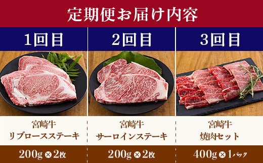 宮崎牛定期便[3ヶ月]ステーキ・焼肉 合計1200g 　　黒毛和牛のステーキや焼肉を3回に分けて発送！ ［国産 ブランド牛 お肉 ステーキ　焼肉 50000円 5万円］ TF0684-P00020