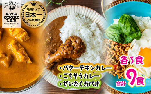 旅する阿波尾鶏シリーズ 3種 各3食入 計9食 バターチキンカレー ごちそうカレー ぜいたくガパオ カレー ガパオ ガパオライス タイ料理 常温 レトルト