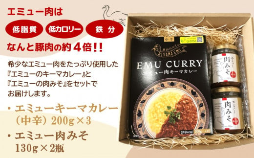 エミューキーマカレー(中辛)・肉みそ2瓶【エミュー 基山産 高タンパク 高鉄分 低カロリー ヘルシー 鉄分補給 簡単 手軽 カレー レトルト ご飯の友 貴重 ダイエット】 A3-C006008