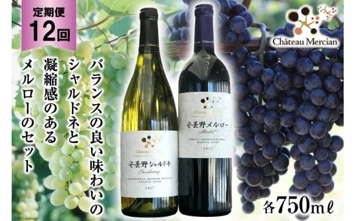 定期便 ワイン 赤 白 安曇野メルロー & 安曇野シャルドネ 各750ml×12回 総計24本 飲み比べ 赤ワイン 白ワイン / シャトー・メルシャン 勝沼ワイナリー / 長野県 池田町