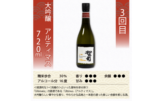 定期便 日本酒 松の司 3本( 1種類 × 3回 ) 720ml 純米大吟醸 「陶酔」 「黒」 大吟醸 「Ultimus」 父の日 金賞 受賞酒造 飲み比べ 【 お酒 日本酒 酒 松瀬酒造 人気日本酒 おすすめ日本酒 定番 御贈答 銘酒 贈答品 滋賀県 竜王町 ふるさと納税 父の日 】　