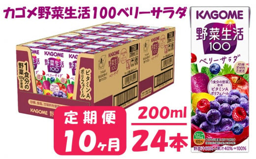 【 定期便 10ヶ月 】 カゴメ 野菜生活100 ベリーサラダ 200ml×24本 ジュース 野菜 果実ミックスジュース 果汁飲料 紙パック 砂糖不使用 9食分の野菜 鉄分 ポリフェノール ビタミンA 飲料類 ドリンク 野菜ドリンク 備蓄 長期保存 防災 飲みもの