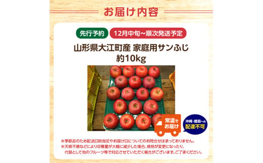 《先行予約》特別栽培 訳あり 家庭用サンふじ約10kg  【2024年12月中旬頃～発送予定】【山形りんご・大江町産・鈴木果樹園】【025-014】