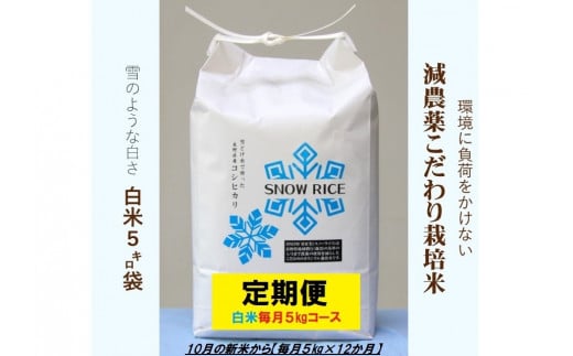 【定期便】減農薬コシヒカリ「SNOW RICE」白米＜毎月5kg×12か月＞