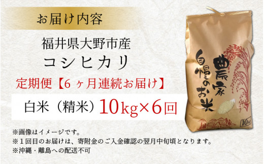 【先行予約】【令和6年産 新米】【6ヶ月定期便】福井県大野市産 コシヒカリ 白米 精米 10kg 農家直送