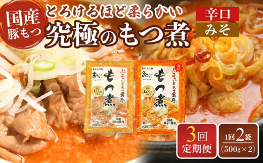 【定期便３カ月】国産豚もつ使用！とろけるほど柔らかい究極のもつ煮 2種食べ比べセット もつ煮・辛口もつ煮 各1袋 各500g×計2袋