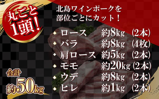 【農場直送】北海道産　北島ワインポーク　1頭丸ごとセット　計約50kg