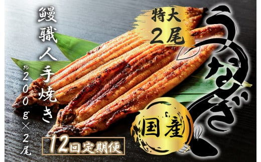 FK017　【12回定期便】九州産　うなぎ職人手焼き　蒲焼　国産　有頭鰻 1尾あたり約200ｇ×2尾（合計約400ｇ以上）たれ・山椒セット