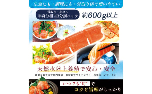 【年末発送予約受付中！】富士頂純サーモン 刺し身セット 半身分3分割 600g以上 富士山麓のきれいな天然水で養殖された安心安全なサーモン 完全無投薬・ワクチンフリー・アニサキスフリー・サステナブルな養殖サーモン フィレ 切り身 皮なし 骨なし 骨取り 生食 ムニエル 刺身 お正月 正月予約可 年末予約可 年内発送可 年内配送可 年末発送可