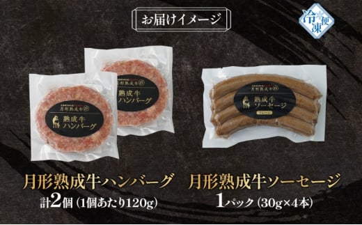 月形熟成牛 ハンバーグ 120g × 2個 ソーセージ プレーン 30g × 4本 1パック 計360g 添加物不使用 セット ブランド 高級 グルメ お取り寄せ 肉汁 焼肉 鉄板焼 ギフト 【 月形町 】 [№5783-0746]