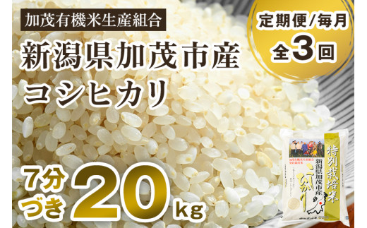 【令和6年産新米先行予約】【定期便3ヶ月毎月お届け】7分づき 特別栽培米 コシヒカリ 精米 20kg（5kg×4） 従来品種コシヒカリ 加茂有機米生産組合 新潟県 加茂市産 白米 米 お米 定期便