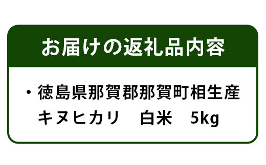 那賀町相生産キヌヒカリ白米5kg［徳島 那賀 国産 徳島県産 お米 こめ おこめ 米 ご飯 ごはん 白ご飯 白米 きぬひかり キヌヒカリ 5kg 和食 おにぎり お弁当白米 精米 おいしい 食べて応援 ギフト プレゼント 母の日 父の日］【YS-5-1】