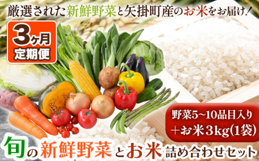 209.【3ヶ月定期便】旬の新鮮野菜とお米詰め合わせセット 野菜5～10品目入 青空市きらり《お申込み月の翌月から出荷開始》岡山県 矢掛町 野菜 野菜詰め合わせ 米 米3kg トマト きゅうり アスパラガス 玉ねぎ リーキ 送料無料