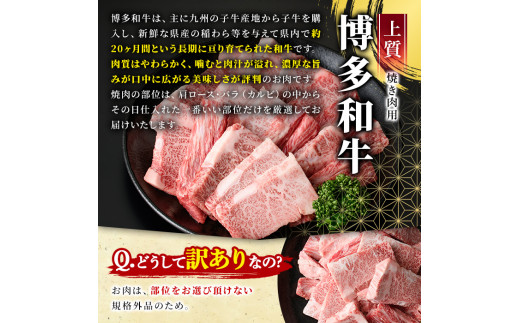 ＜訳あり・不揃い＞博多和牛焼肉切り落とし(肩ロース・バラ)(計500g) 牛肉 黒毛和牛 国産 BBQ 化粧箱 贈答 ギフト プレゼント ＜離島配送不可＞【ksg1405】【MEATPLUS】