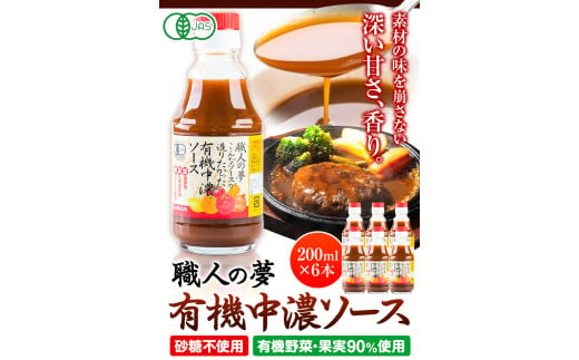 ソース 中濃ソース 職人の夢 200ml × 6本 光食品 株式会社《30日以内に出荷予定(土日祝除く)》無添加 調味料 砂糖不使用 とんかつ オムライス 徳島県 上板町 有機野菜・果実90％使用