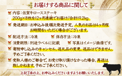 200g×8枚 佐賀牛｢ロースステーキ｣ (年12回) K-17