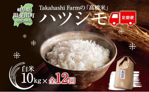 [№5568-0180]定期便 全12回 岐阜県 揖斐川町産 令和6年 ハツシモ 高橋米 10kg 1袋 お米 精米 白米 米 ごはん ご飯 はつしも あっさり ブランド米 10キロ 大粒 幻の米 高橋ファーム Takahashi Farm 揖斐川町