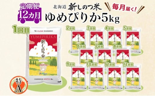 北海道 定期便 12ヵ月 連続 全12回 R6年産 北海道産 ゆめぴりか 5kg 精米 米 ごはん お米 新米 特A 獲得 北海道米 ブランド米 道産 ご飯 お取り寄せ もちもち 1年 食味ランキング まとめ買い 新しのつ米 令和6年産